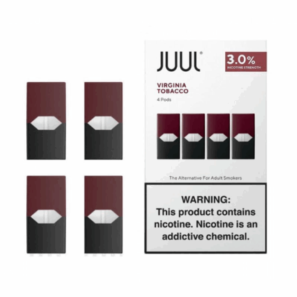 JUUL Virginia Tobacco pods with 3% nicotine, 4-piece pack, offering smooth and rich tobacco flavor for vapers