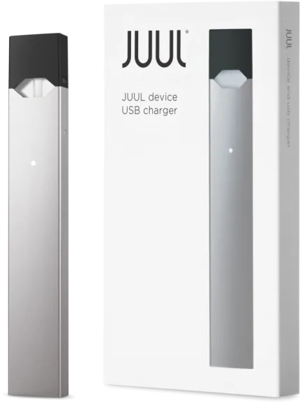 JUUL Silver vaping device available in UAE, featuring sleek metallic design, compact size, and premium performance