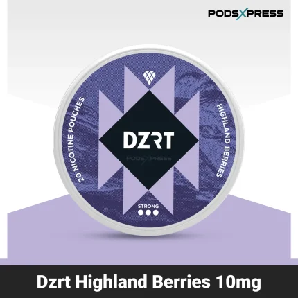 A can of Dzrt Highland Berries 10mg showing the "Strong" label and purple berry branding.