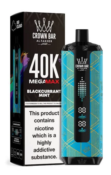 Al Fakher Crown Bar Blackcurrant Mint 40000 Puffs disposable vape product packaging for customers across Dubai and UAE