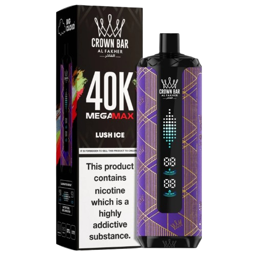 Al Fakher Crown Bar Lush Ice Mega Max 40000 Puffs 1 Al Fakher Crown Bar Lush Ice Mega Max vape with up to 40000 puffs and an icy watermelon flavor in Dubai