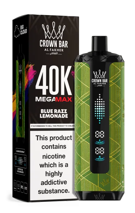 Al Fakher Crown Bar Blue Razz Lemonade Mega Max 40000 Puffs rechargeable disposable vape featuring a blue raspberry lemonade flavor