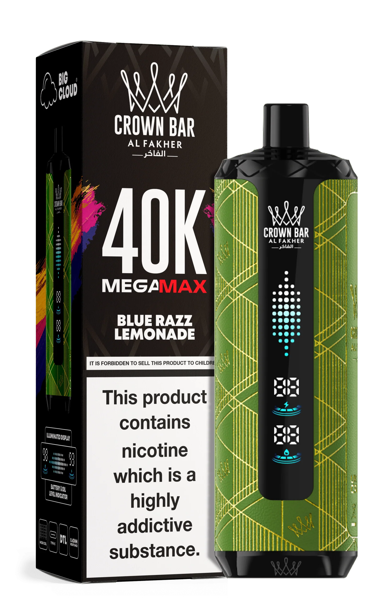 Al Fakher Crown Bar Blue Razz Lemonade Mega Max 40000 Puffs 1 Al Fakher Crown Bar Blue Razz Lemonade Mega Max 40000 Puffs rechargeable disposable vape featuring a blue raspberry lemonade flavor