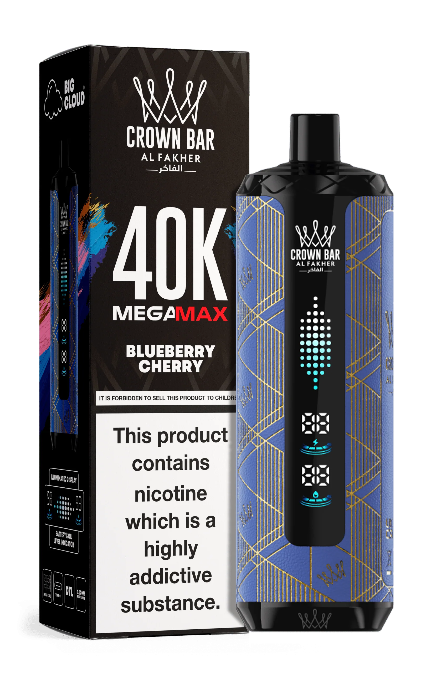 Al Fakher Crown Bar Blueberry Cherry 40000 Puffs rechargeable vape with a fruity blueberry and cherry blend in Abu Dhabi