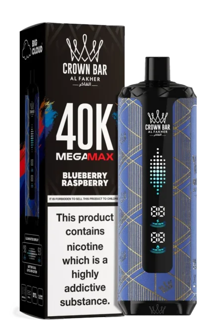 Al Fakher Crown Bar Mega Max 40000 Puffs Blueberry Raspberry disposable vape device showing sleek design and packaging
