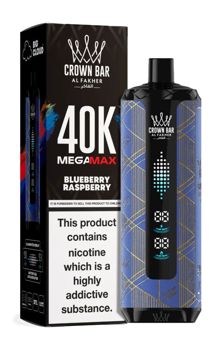 Al Fakher Crown Bar Mega Max 40000 Puffs Blueberry Raspberry 1 Al Fakher Crown Bar Mega Max 40000 Puffs Blueberry Raspberry disposable vape device showing sleek design and packaging