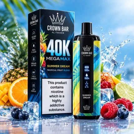 Al Fakher Crown Bar Space Dream Mega Max 40000 Puffs 9 Al Fakher Crown Bar Summer Dream Mega Max 40000 Puffs vape device and packaging with tropical fruit styling