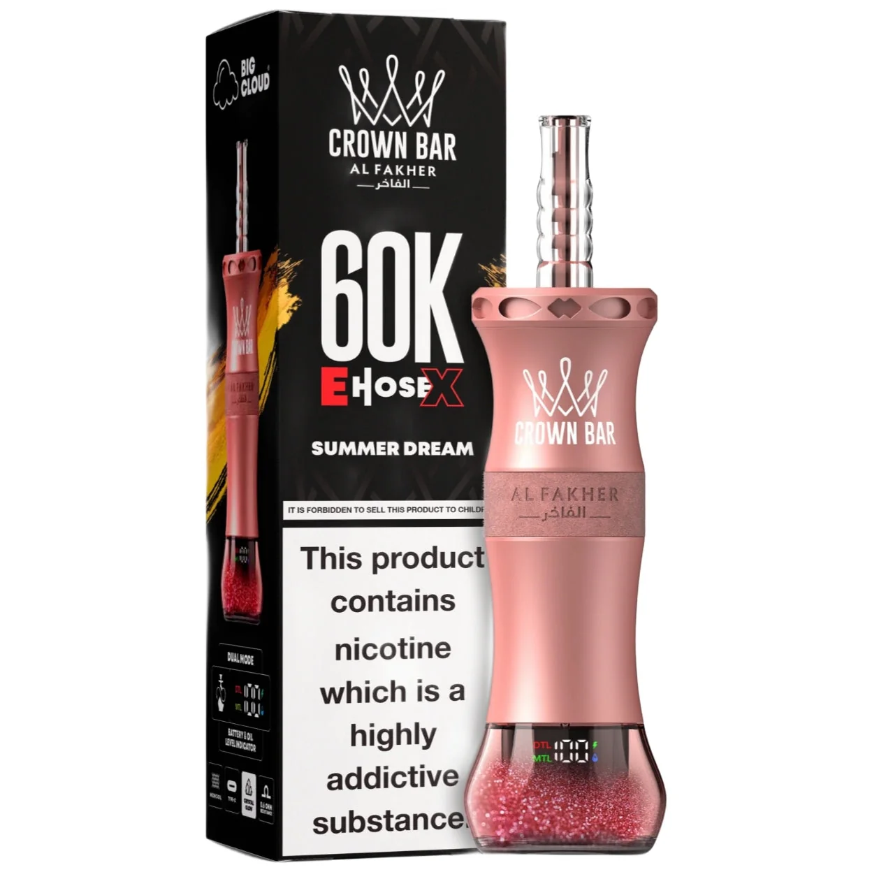 Al Fakher Crown Bar E-Hose X 60000 Puffs Summer Dream 1 Al Fakher Crown Bar E-Hose 60000 Puffs Summer Dream disposable vape with its retail box in Ajman