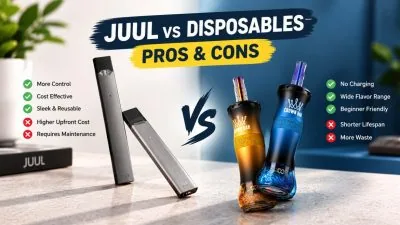 JUUL pod device next to disposable vapes for comparison